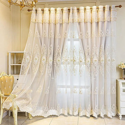 Luxury European 3D Embroidered Double Layer Curtains with Valance for Living Room and Bedroom, Beige, 51x84 Inches - https://mohammadcollection.com