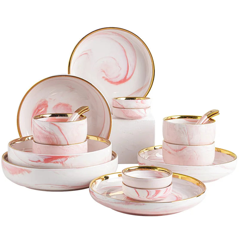 Pink gilded marble pattern porcelain dinner plate set with salad and noodle bowls, ceramic utensils, by MC THE BLACK DIAMOND.