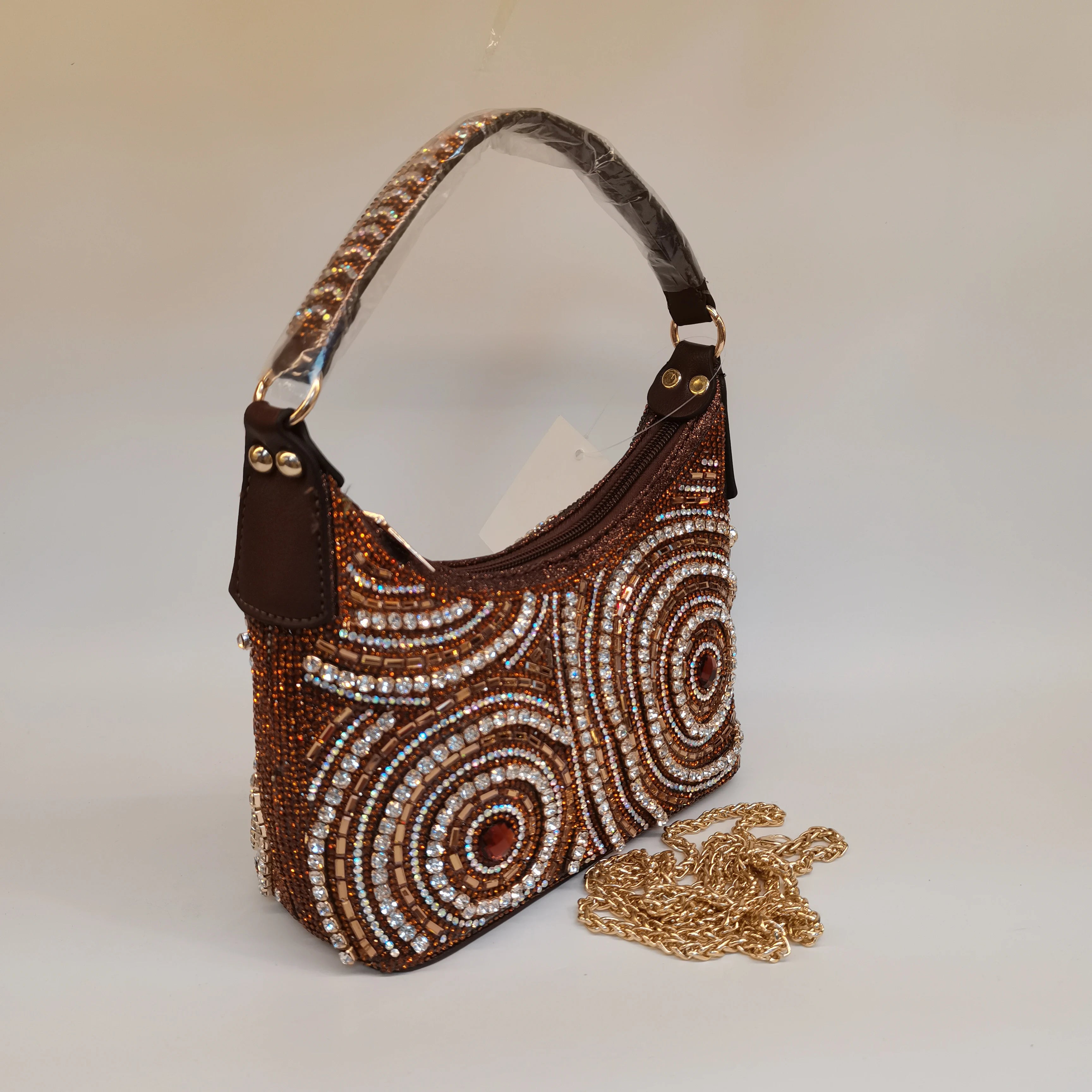 MC THE BLACK DIAMOND rhinestone evening bag with long chain strap, stylish clutch for women, embellished casual hand bag.