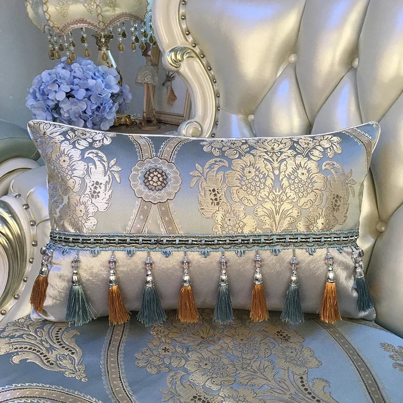 European luxury jacquard tassel lace decorative sofa pillow cover with rectangular shape and elegant large backrest design.