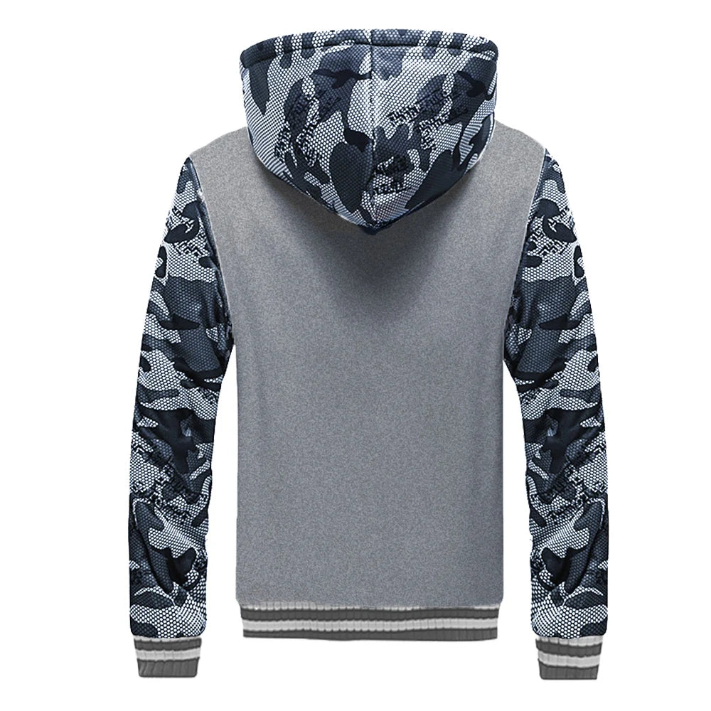 Men's camouflage winter jacket with fleece lining, long sleeves, casual hood, and streetwear style from 𝕄𝕔 𝕋𝕙𝕖 𝔹𝕝𝕒𝕔𝕜 𝔻𝕚