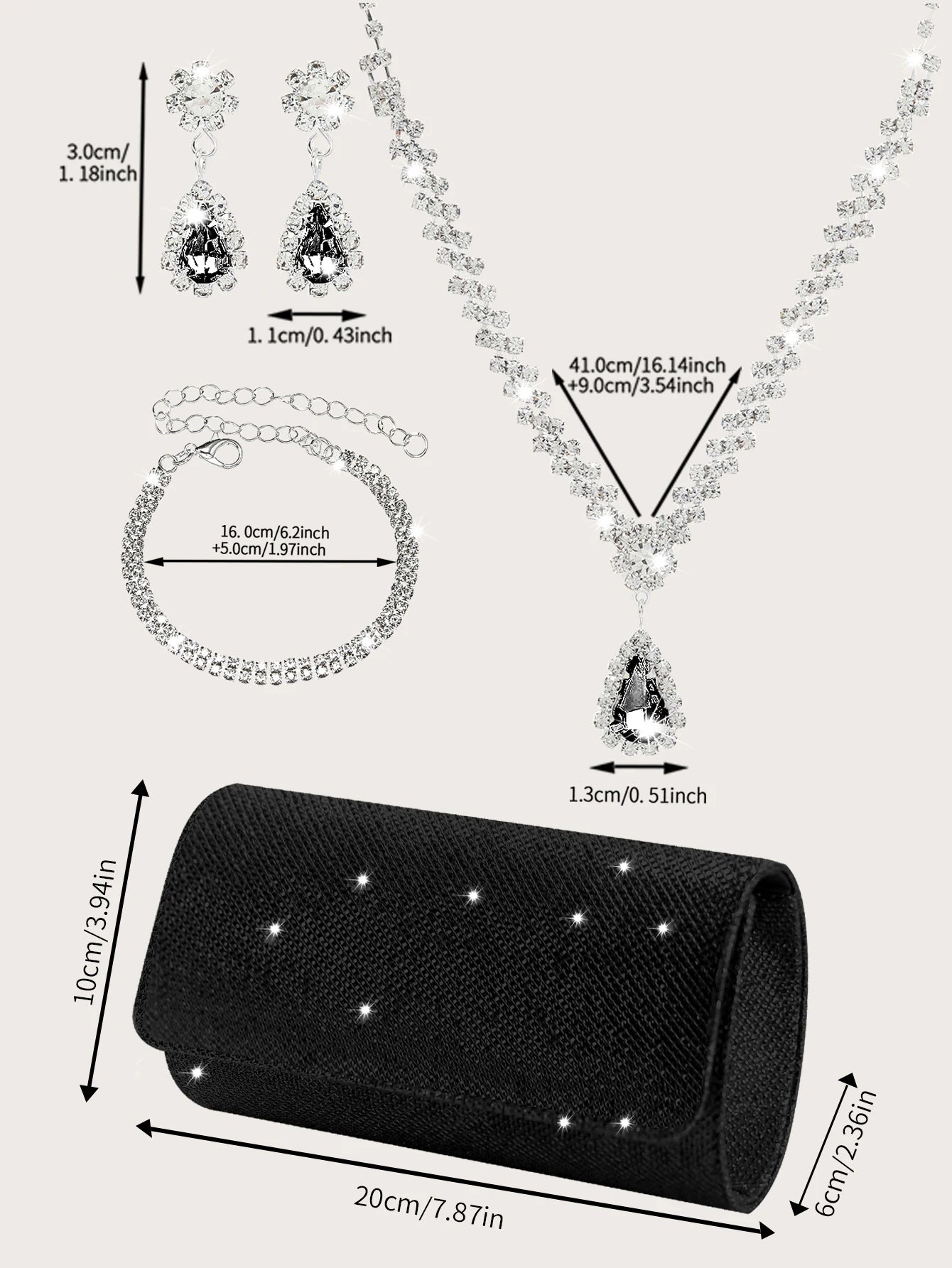 Elegant MC THE BLACK DIAMOND sparkly party clutch with matching rhinestone necklace, earrings, and bracelet set.
