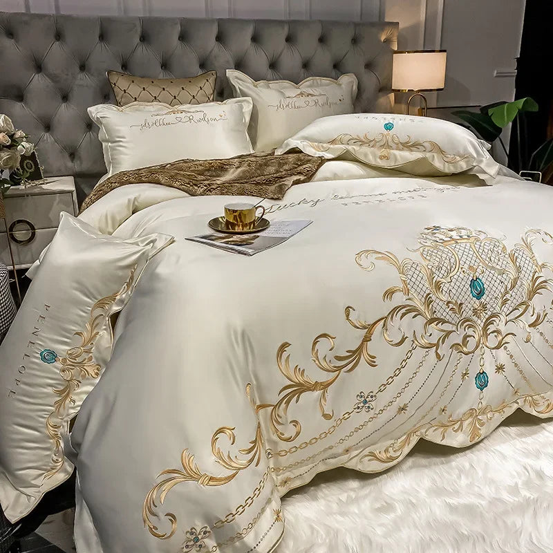 European-style four-piece bedding set by MC The Black Diamonds, pure cotton bedsheets with ice silk quilt cover, high-end and atmospheric.