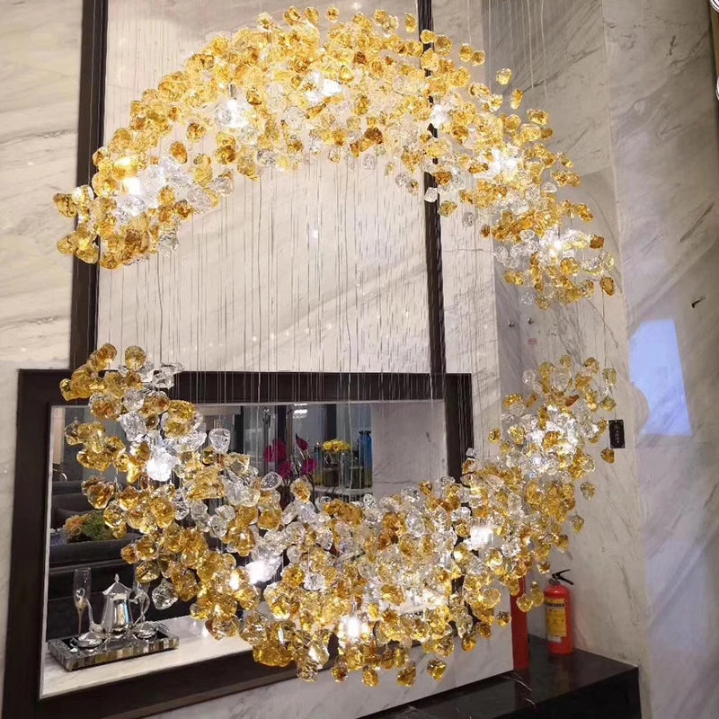 Black Art Luxury Stone Crystal Chandelier by MC THE BLACK DIAMOND, modern LED hanging lamp for staircase, hallway, or lobby lighting.