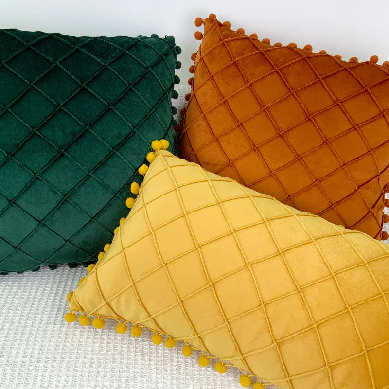 Yellow and orange velvet lumbar pillow covers with diamond stripes, pompoms, and tassels, 30x50cm and 45x45cm, by MC THE BLACK DIAMOND.