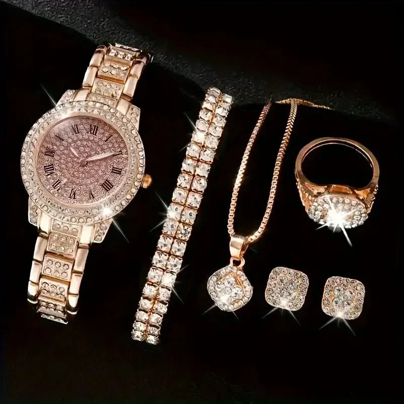 Casual ladies quartz wrist watch bracelet set with six jewelry pieces from Mohammand Collection, featuring stylish designs and metallic finishes.