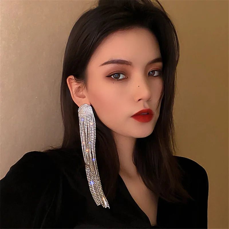 MC THE BLACK DIAMOND long tassel rhinestone drop earrings featuring crystal dangles for women, elegant fashion jewelry accessory