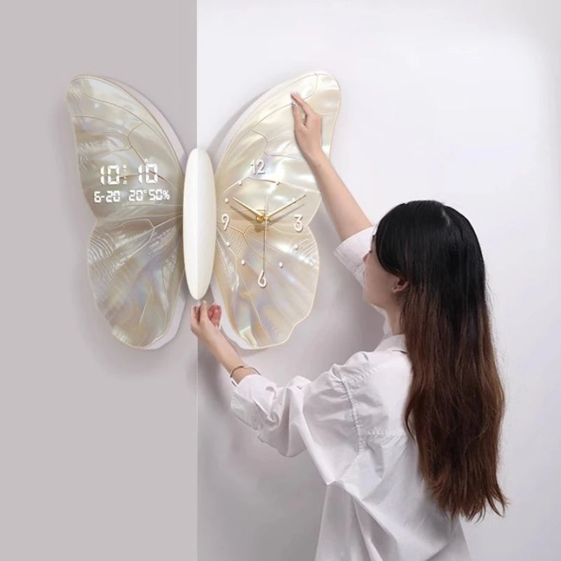 Modern MC THE BLACK DIAMOND butterfly wall clock with double-sided design, mute white digital display, ideal for living room decor.