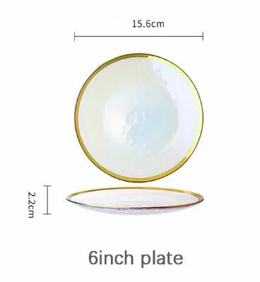 Rainbow glass dinner plates and salad bowls with gilt rims, clear glass serving tray, by 𝕄𝕮 𝕋𝕙𝕖 𝔹𝕝𝕒𝕔𝕜 𝔻𝕚𝕒