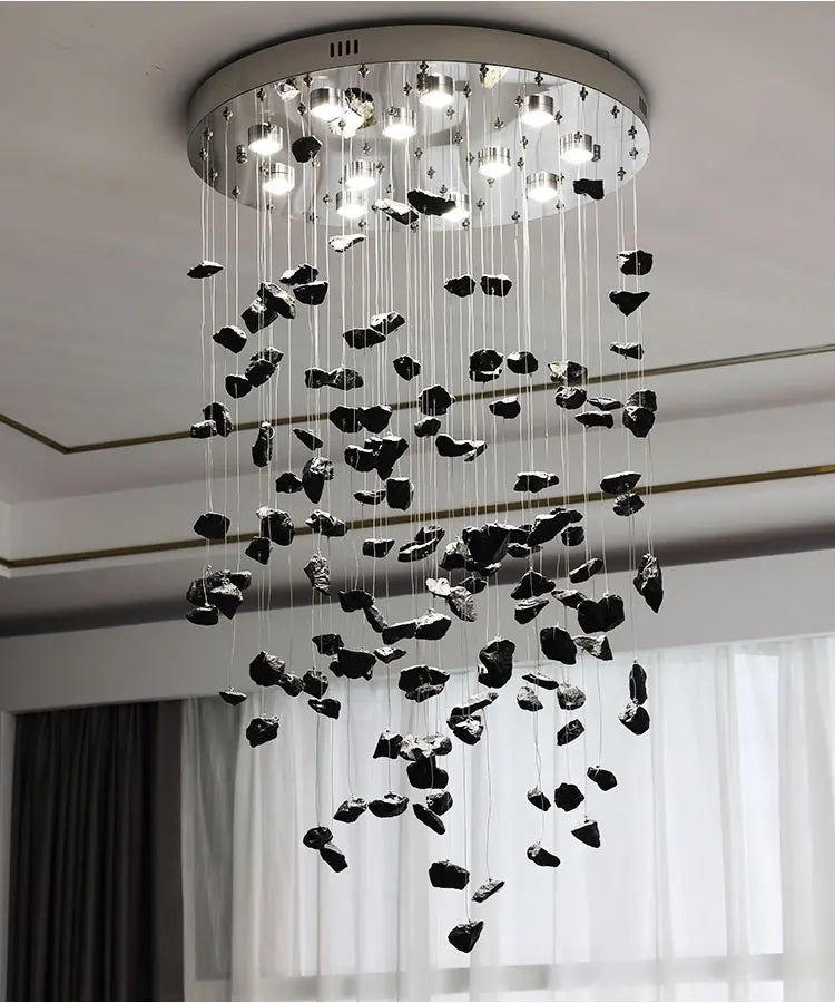 Black Art Luxury Stone Crystal Chandelier by MC THE BLACK DIAMOND, modern LED hanging fixture for staircase, hallway, or lobby indoor lighting