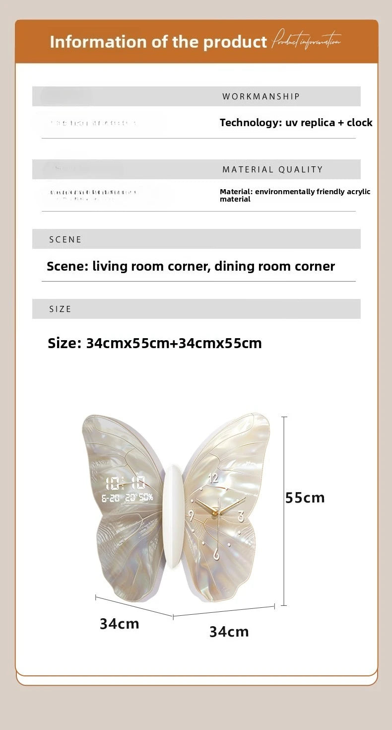 Modern MC THE BLACK DIAMOND wall clock with butterfly design, double-sided, digital display, and mute feature for living room decor.
