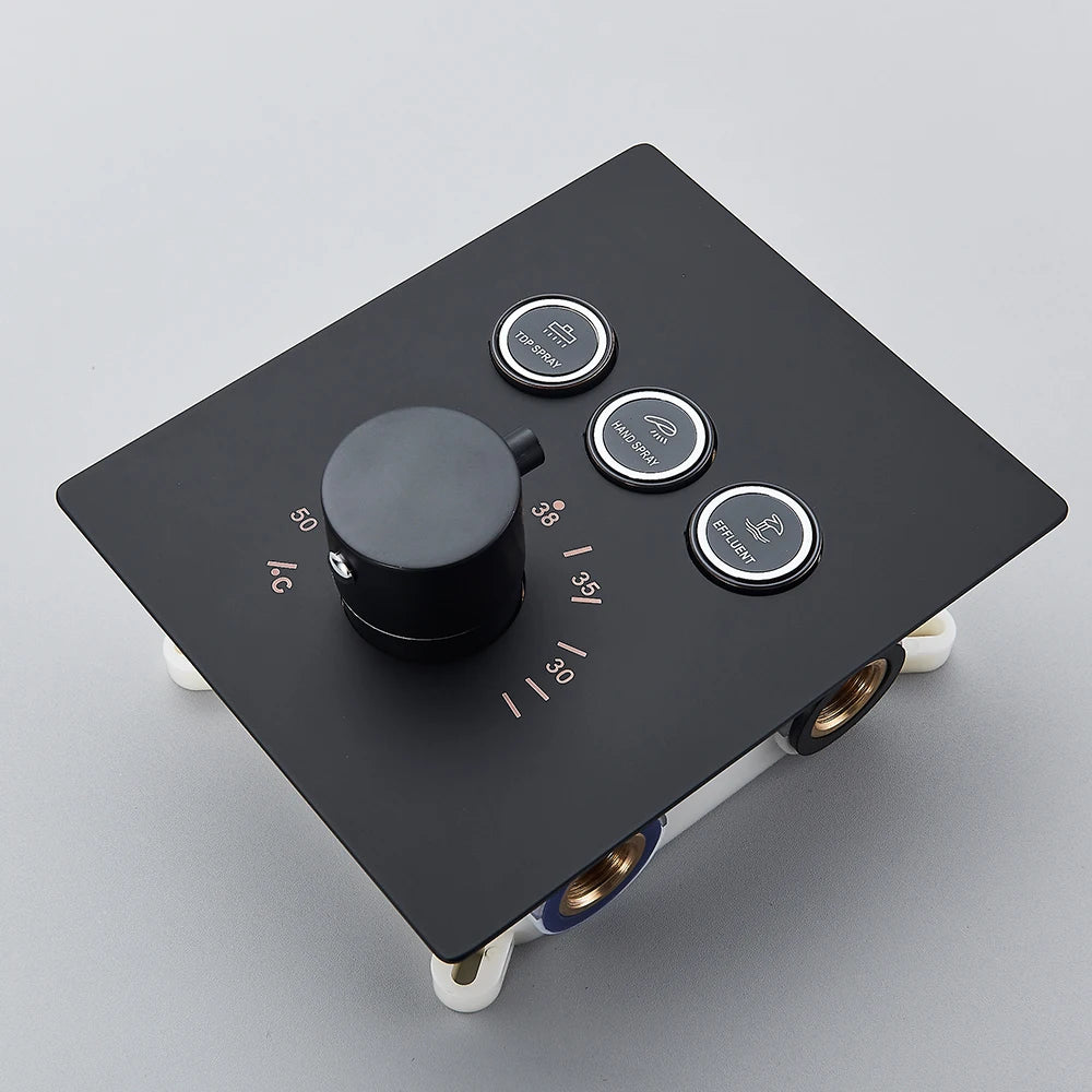 Black thermostatic bathroom shower faucet set with dual controls and modern design, featuring the 𝕄𝕔 𝕋𝕙𝕖 𝔹𝕝𝕒𝕔𝕜 𝔻𝕚𝕒�