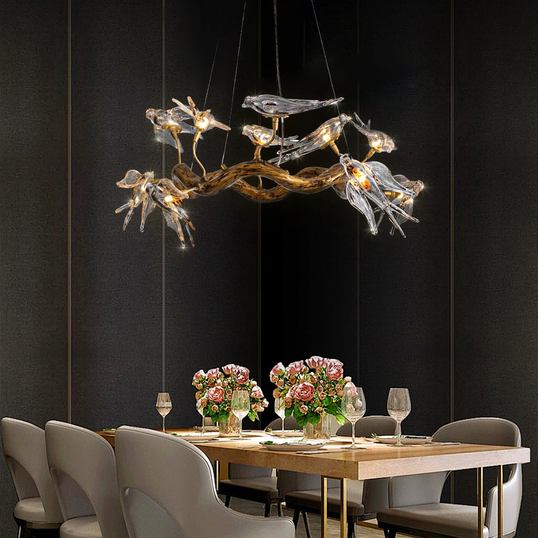 Vintage round bird chandelier with swallow design by MC THE BLACK DIAMOND, featuring intricate metalwork and elegant lighting fixtures.