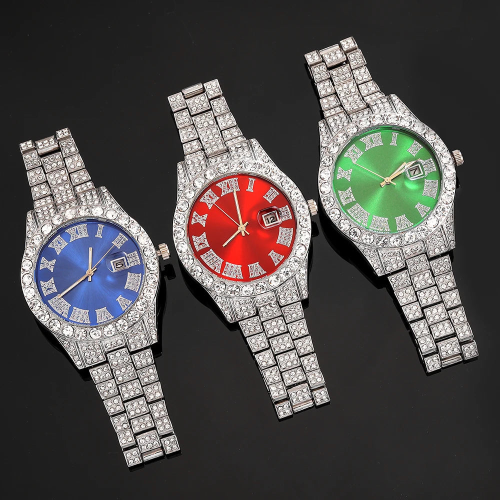 Set of three men's silver watches with hip-hop punk style, inlay diamond accents, from 𝕄𝕔 𝕋𝕙𝕖 𝔹𝕝𝕒𝕔𝕜 𝔻𝕚�