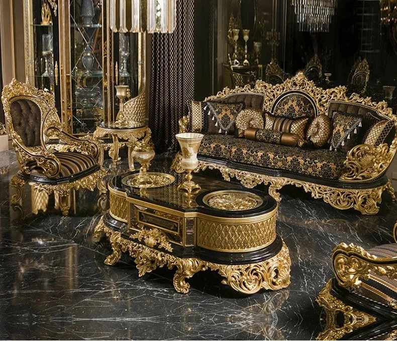 Antique Baroque style luxury sofa set by MC THE BLACK DIAMOND, featuring ornate carved wood and plush upholstery for elegant home decor