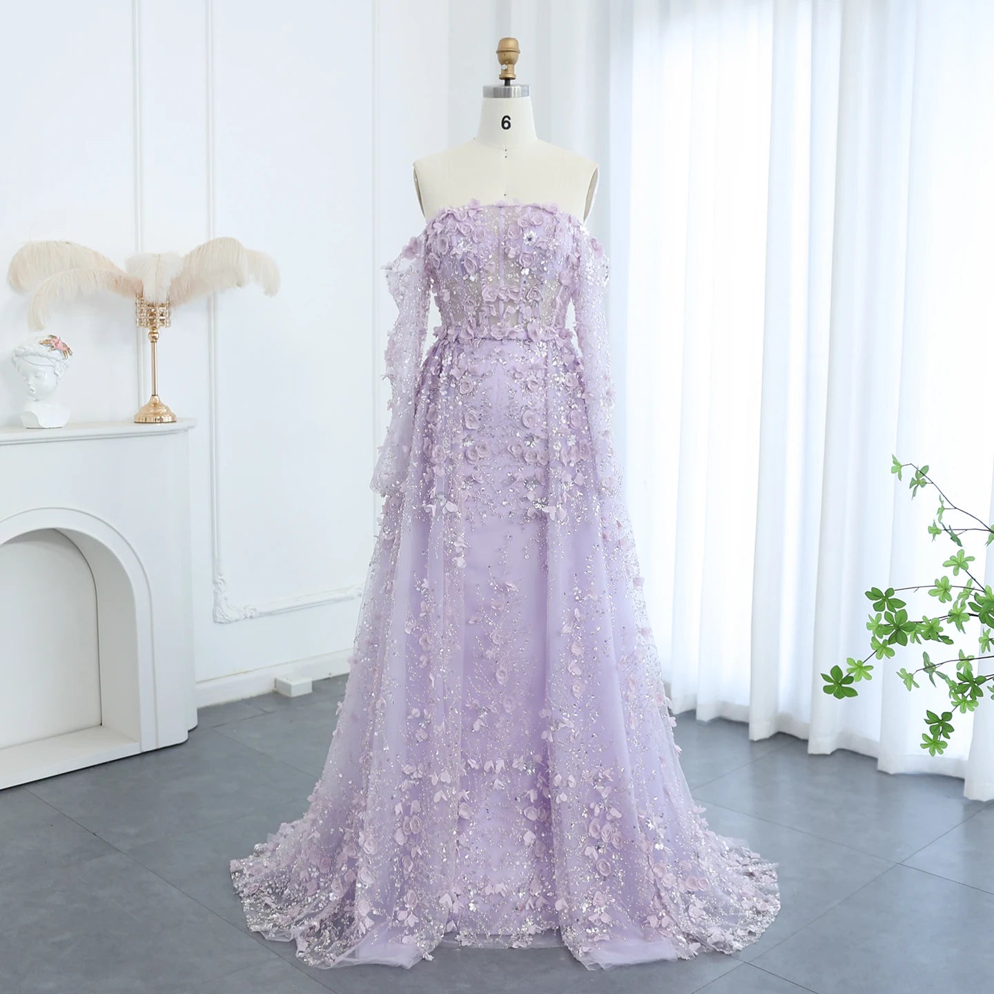 MC Elegant 3D Flowers Dubai evening dress with lilac overskirt, long sleeves, for women’s wedding or party gown by MC THE BLACK DIAMOND.
