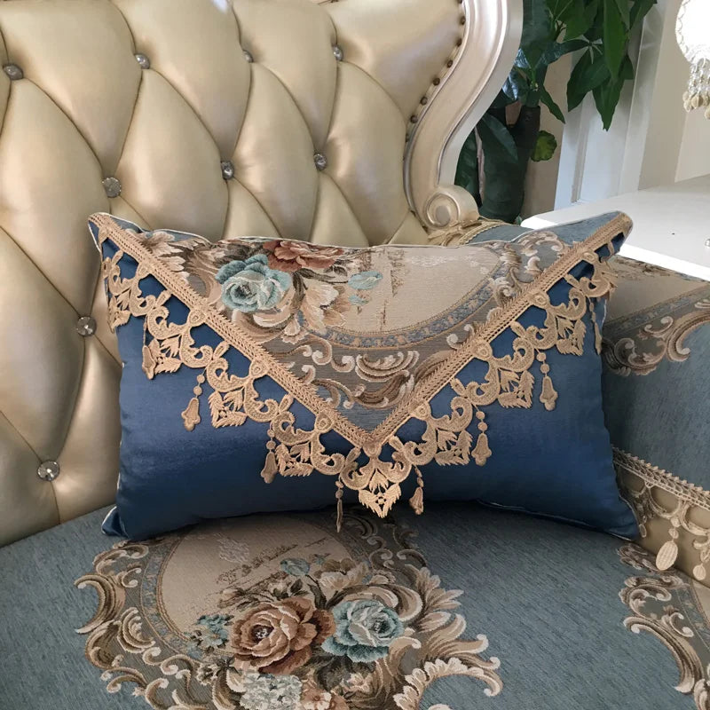 European luxury Jacquard tassel lace sofa pillow cover with decorative rectangle design and large backrest cushion from 𝕄𝕔 𝕋𝕙𝕖 𝔹𝕝𝕒𝕔𝕜 𝔻�