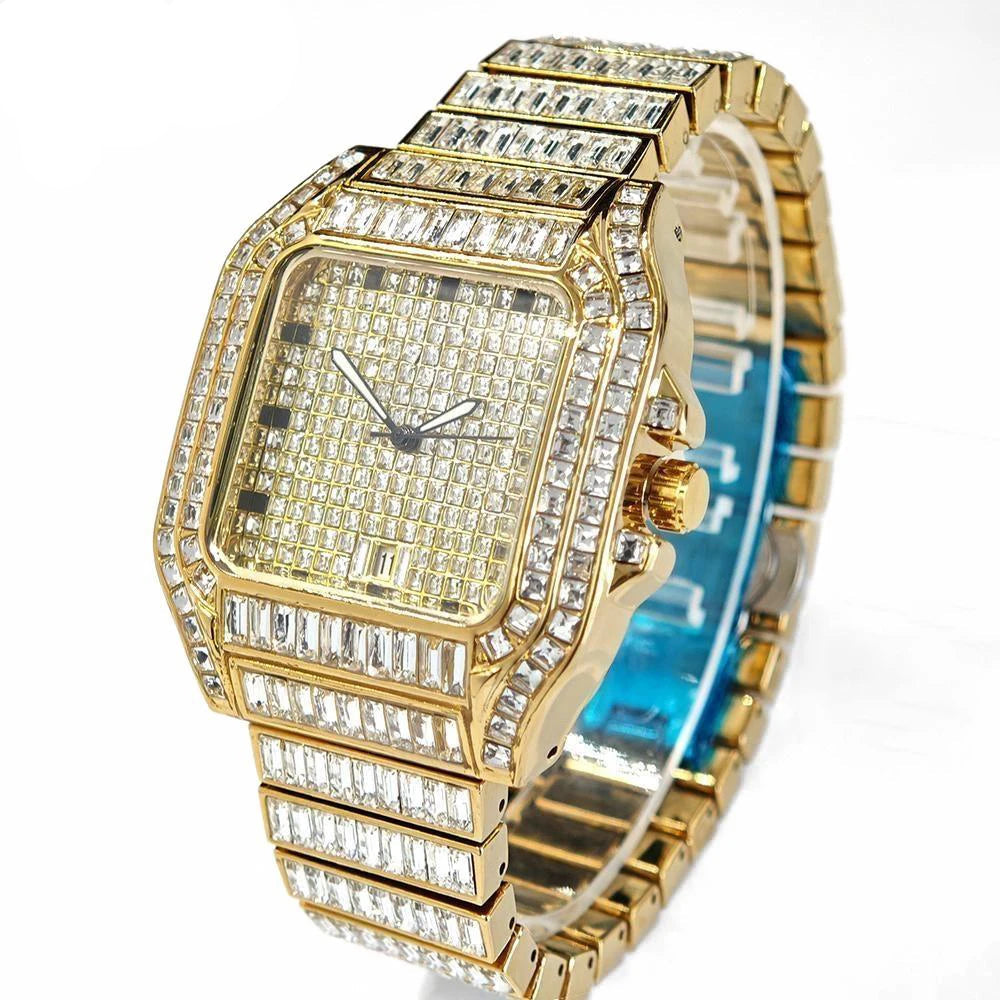 Luxury MC THE BLACK DIAMOND rose gold men's watch with stainless steel band, rectangular iced-out diamond details, quartz movement.