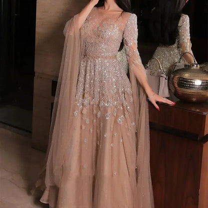 Elegant MC THE BLACK DIAMOND evening gown with batwing sleeves, shiny tulle, sequin appliqué, perfect for prom or formal parties.