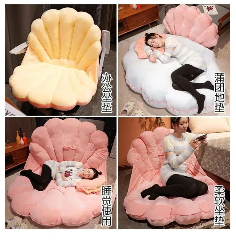 Large clam shell-shaped plush cushion from MC THE BLACK DIAMOND, suitable as a cozy seashell-themed sofa or kid bed pillow.