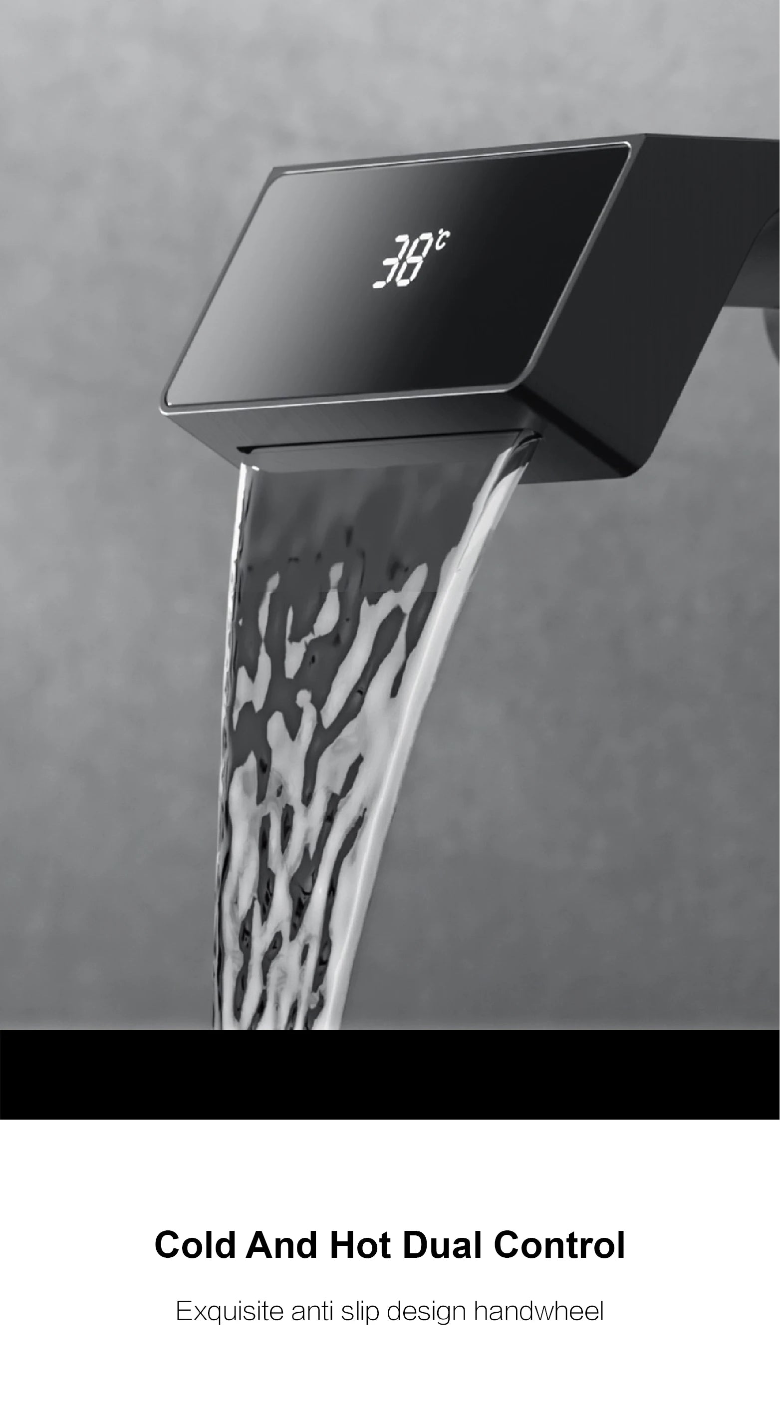Luxury gray brass bathroom faucet with LED digital display, modern home decor by MC THE BLACK DIAMOND