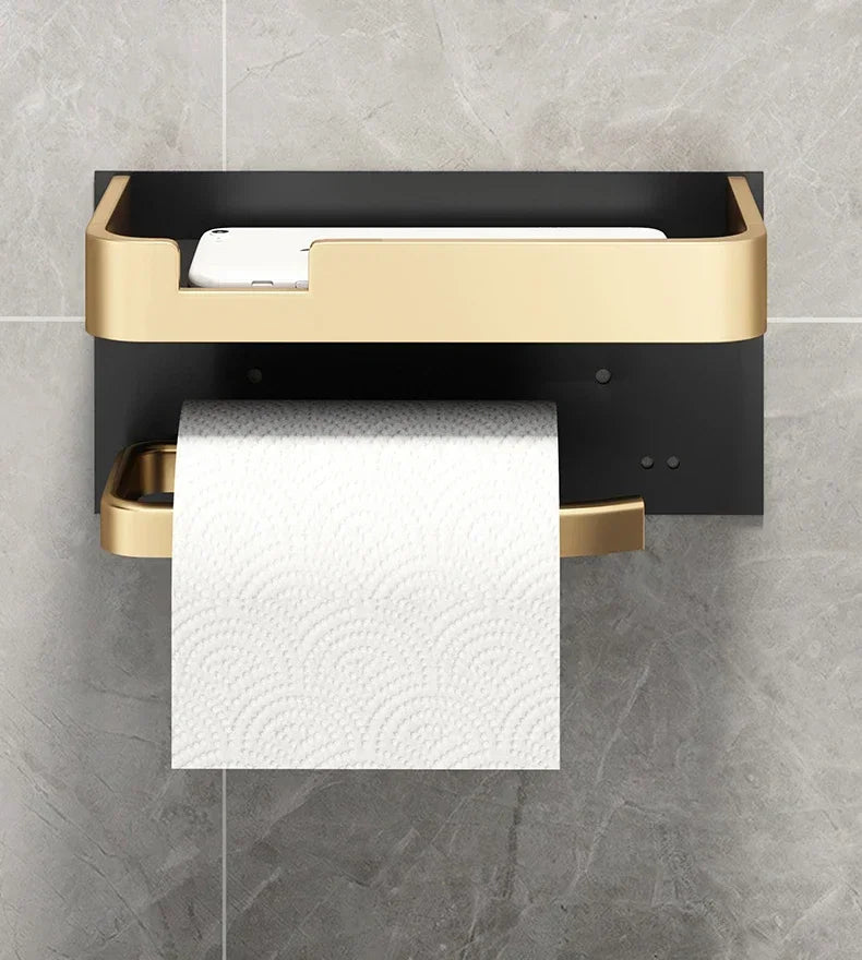 Black Gold Toilet Paper Holder Bathroom Wall Mount Multifunction WC Phone Towel Roll Shelf Accessories - https://mohammadcollection.com