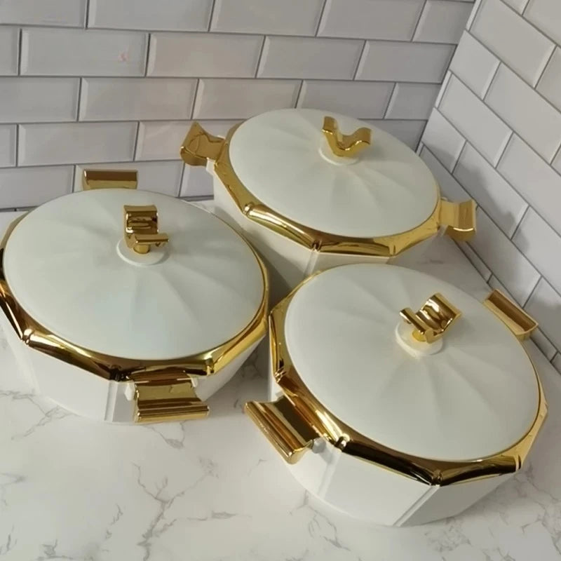Design Food Warmer Casserole set with three insulated thermal containers in 2, 2.5, and 3L sizes, ideal for hotpot and parties.
