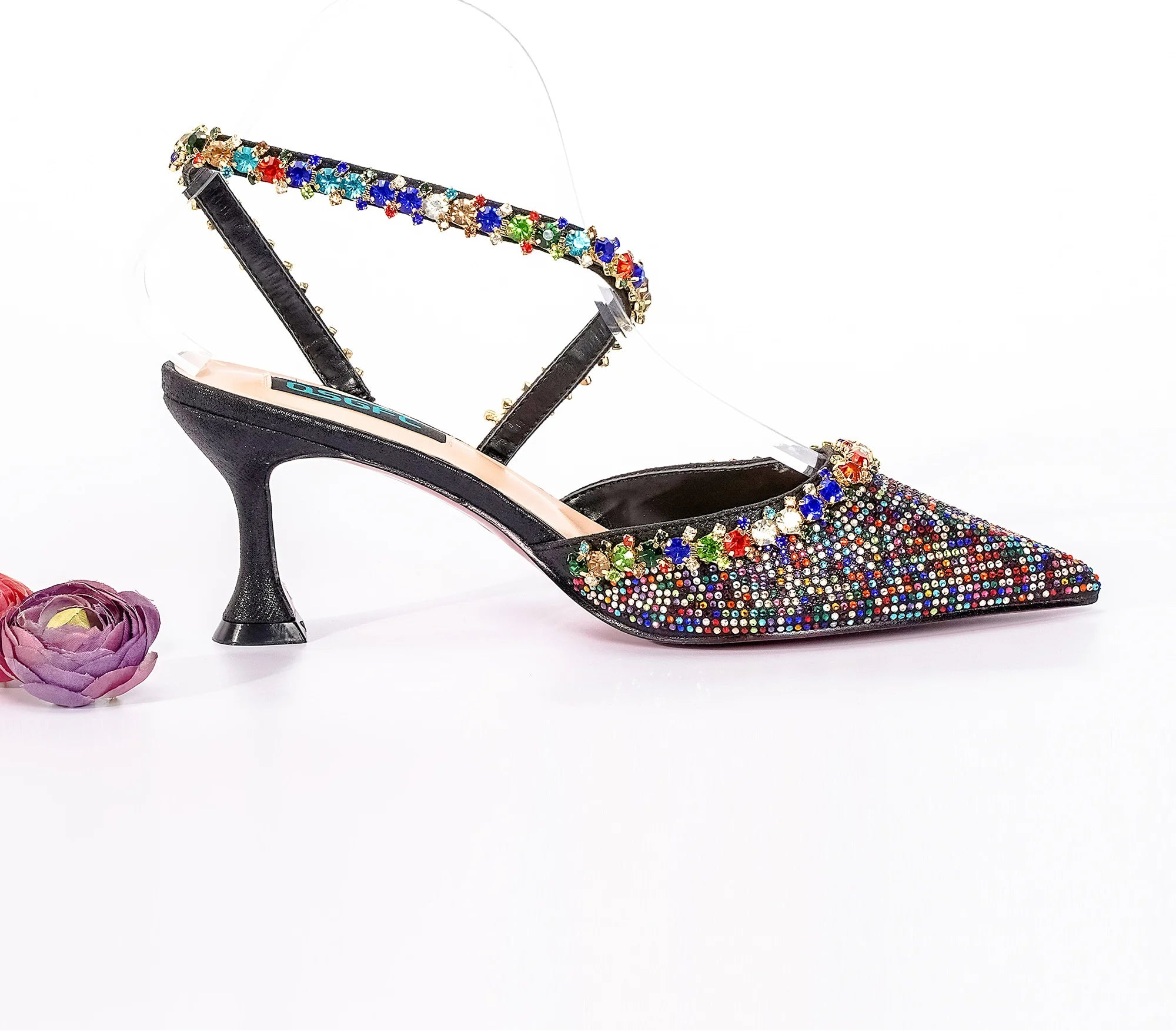 MC THE BLACK DIAMOND royal blue high heels with metallic drill chain decoration and matching bucket bag for elegant fashion occasions