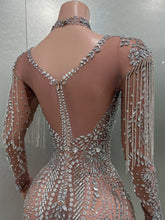 MC THE BLACK DIAMOND sheath mini dress with flashing luxury rhinestones, tassels, perfect for party, nightclub, or stage performance.