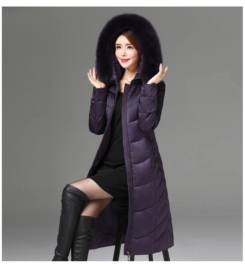 Shengyu Boya women's knee-length down jacket with large fur collar, slim fit, thickened outwear for middle-aged and elderly women.