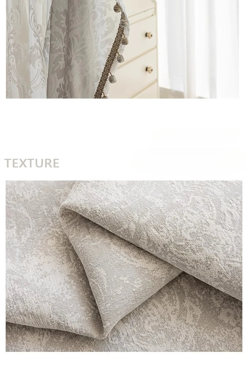 Beige Jacquard chenille curtains by MC THE BLACK DIAMOND, styled for living rooms, bedrooms, or balconies with custom window valance.