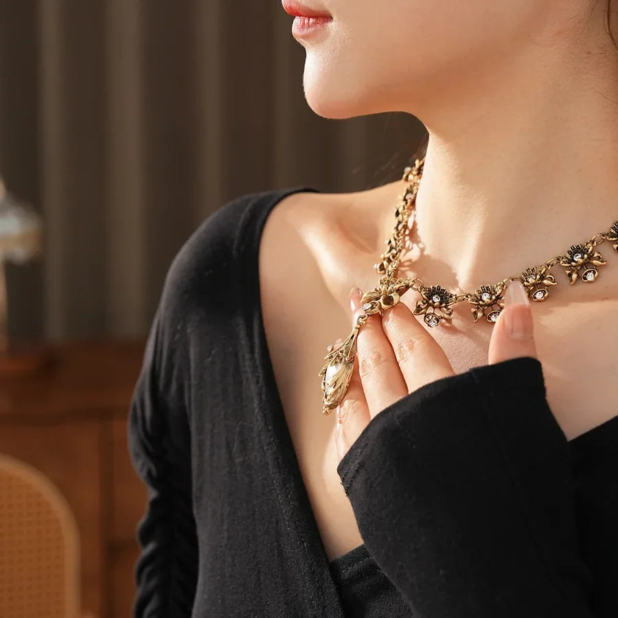 Vintage light luxury jewelry set with flower pendant, pearl earrings, and high-end retro bride necklace from Mohammad Collection.