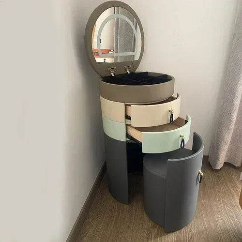 Modern MC THE BLACK DIAMOND makeup vanity with mirror, storage drawers, and stool, ideal for dressing rooms and hotel furniture.