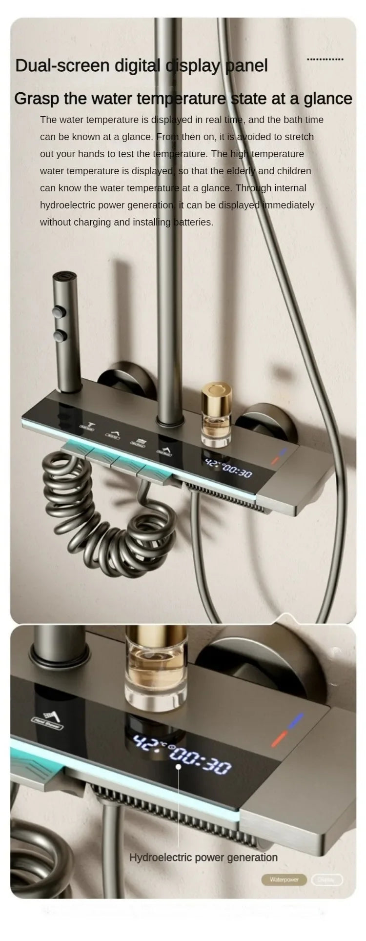Grey four-function digital display shower system with rainfall and pressurized wall-mounted faucet set by MC THE BLACK DIAMOND.