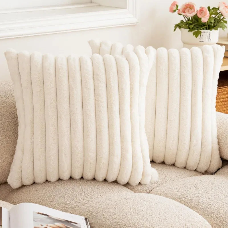 Soft, thick faux rabbit fur square cushion cover in solid color with striped design, 24x24 inches, ideal for sofa decor.