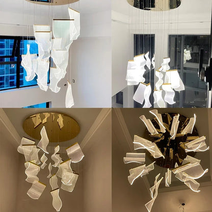 Modern MC THE BLACK DIAMOND LED chandelier hanging light fixture in living and dining room, stylish home decor stair lamp design.