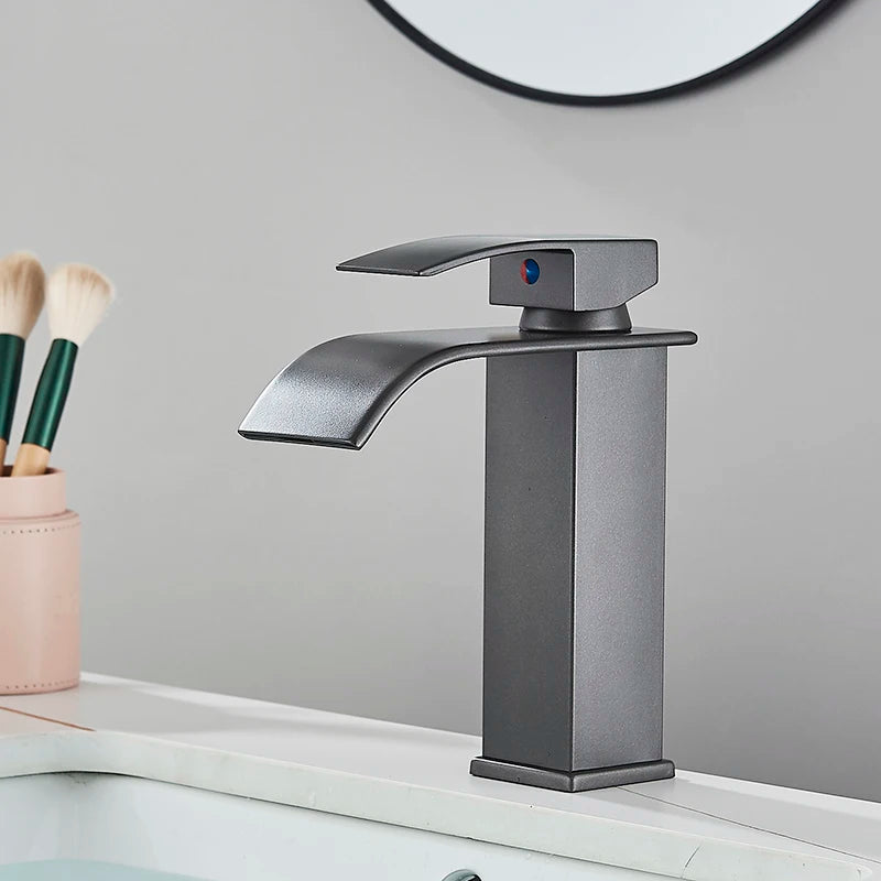 Black Waterfall Bathroom Faucet and Basin Vanity Vessel Sink by MC THE BLACK DIAMOND, sleek modern bath fixture with waterfall spout