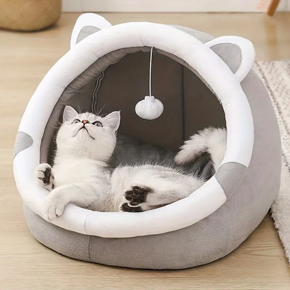 1 Comfortable Cartoon Cat House with Removable Pad, Modern Style Pet Bed Cave, Indoor Plush House Bed with Pompom - https://mohammadcollection.com