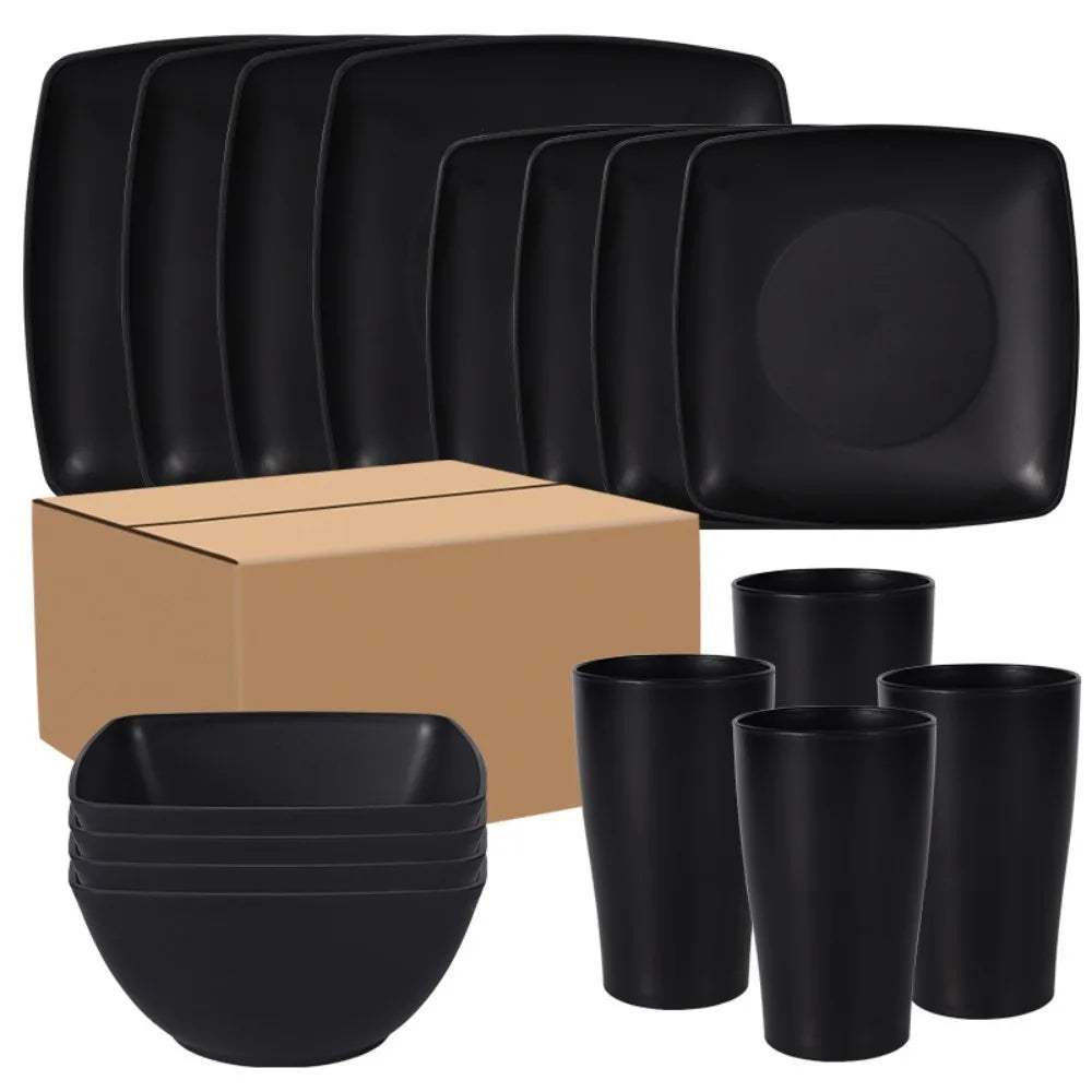16pcs plastic dinnerware set with square plates and bowls from MC The Black Diamonds kitchen collection, durable and stylish black design.
