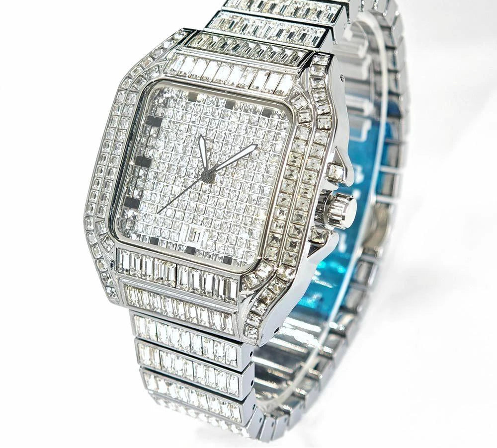 Luxury Rose Watch for Men by MC THE BLACK DIAMOND, stainless steel quartz wristwatch with iced-out diamonds and rectangular design.