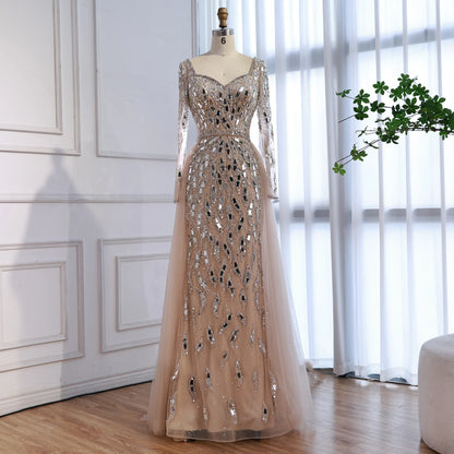 MC THE BLACK DIAMOND luxury Arabic nude long sleeve mermaid evening dress, tailored fit with elegant customization details.