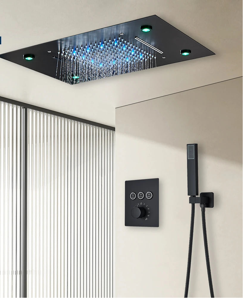 Black thermostatic bathroom shower faucet set from 𝕄𝕔 𝕋𝕙𝕖 𝔹𝕝𝕒𝕔𝕜 𝔻𝕚𝕒𝕞𝕠𝕟