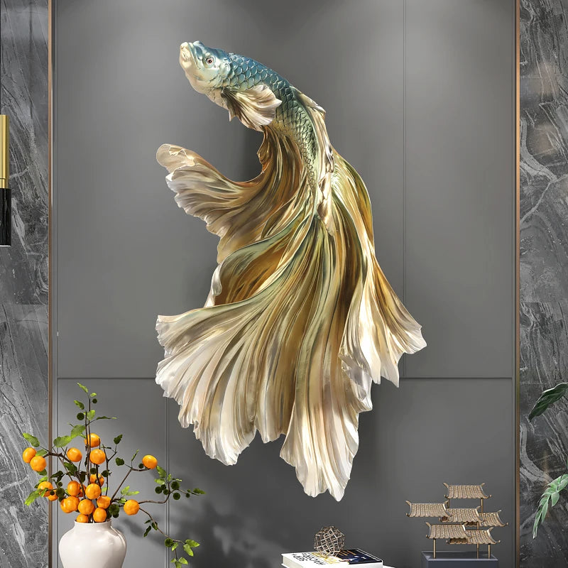 Nordic Home Fighting Fish sculpture by MC The Black Diamond, modern 3D wall art for living room or porch decor.