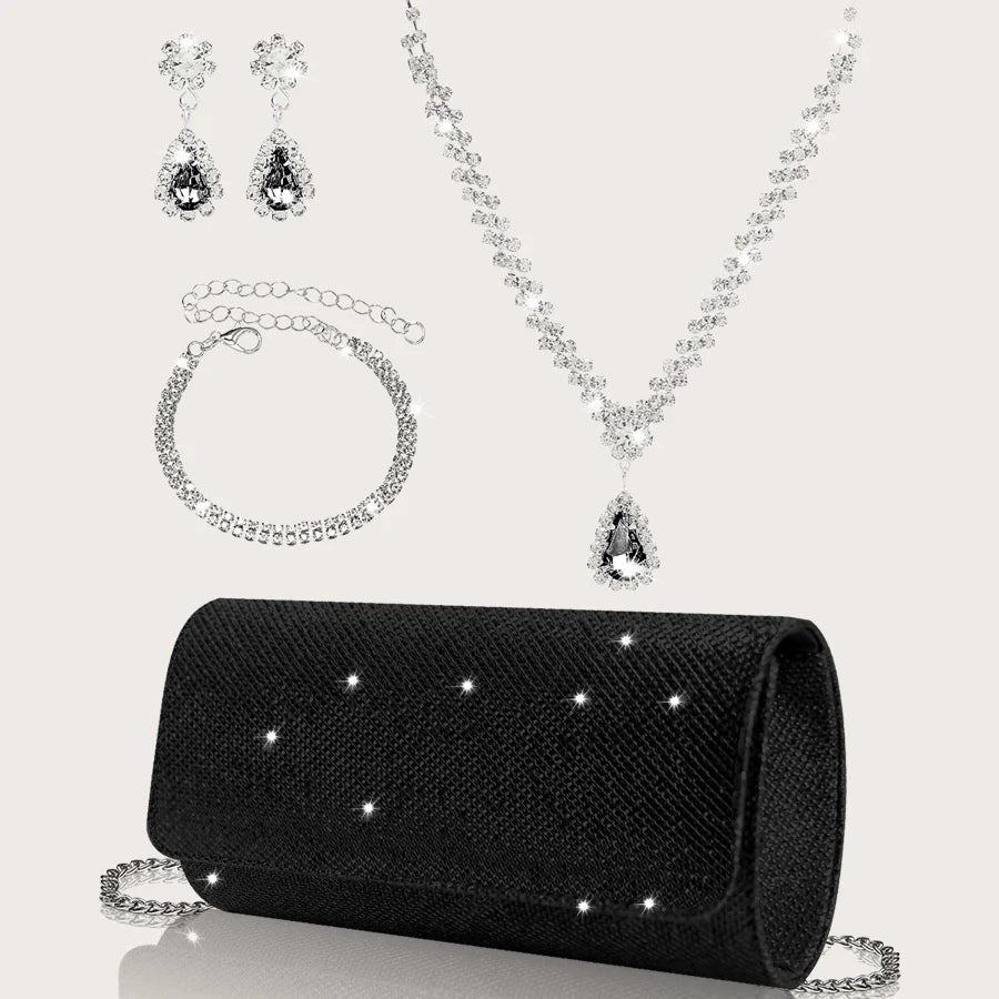 Elegant MC THE BLACK DIAMOND sparkly party clutch with accompanying rhinestone necklace, earrings, and bracelet set.