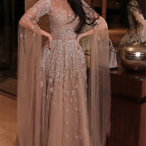 MC THE BLACK DIAMOND evening gown featuring batwing sleeves, shiny tulle, sequins, and elegant A-line design for special occasions.
