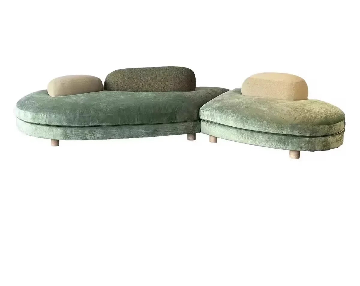 MC THE BLACK DIAMOND SS French Pebble sectional sofa with green fabric, large flat layer, modular love seat, and curved design.