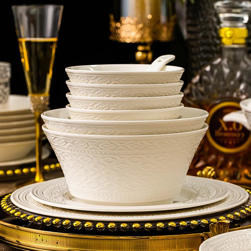Luxury White Nordic Relief Ceramic Dinnerware set with salad bowls, plates, and serving tray by 𝕄𝕔 𝕋𝕙𝕖 𝔹𝕝𝕒𝕔𝕜 𝔻𝕚�