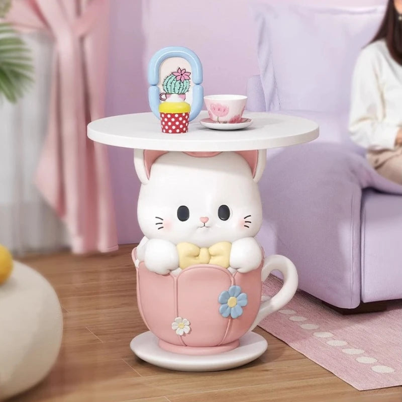 Kawaii Room Decor Coffee Table Sofa Side Table Girl Bedroom Nightstand Cartoon Cat Floor Decoration Cream Living Room Furniture - https://mohammadcollection.com