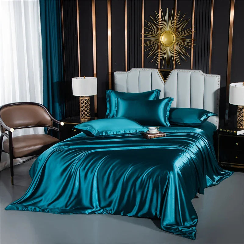 Luxury silk bedding set with duvet cover, fitted and flat sheets, and pillowcases from 𝕄𝕔 𝕋𝕙𝕖 𝔹𝕝𝕒𝕔𝕜 𝔻𝕚𝕒