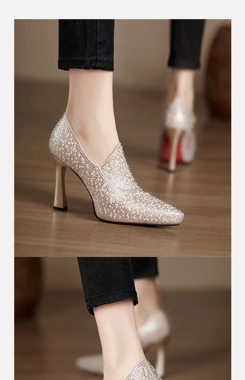 Luxury rhinestone high heels by Mohammad Collection featuring a pointed toe, pearl accents, crystal embellishments, perfect for weddings.